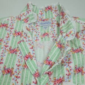 Lanz of Salzburg Flannel Pajama Top Nantucket Rose Green Pink Floral Hearts 1X